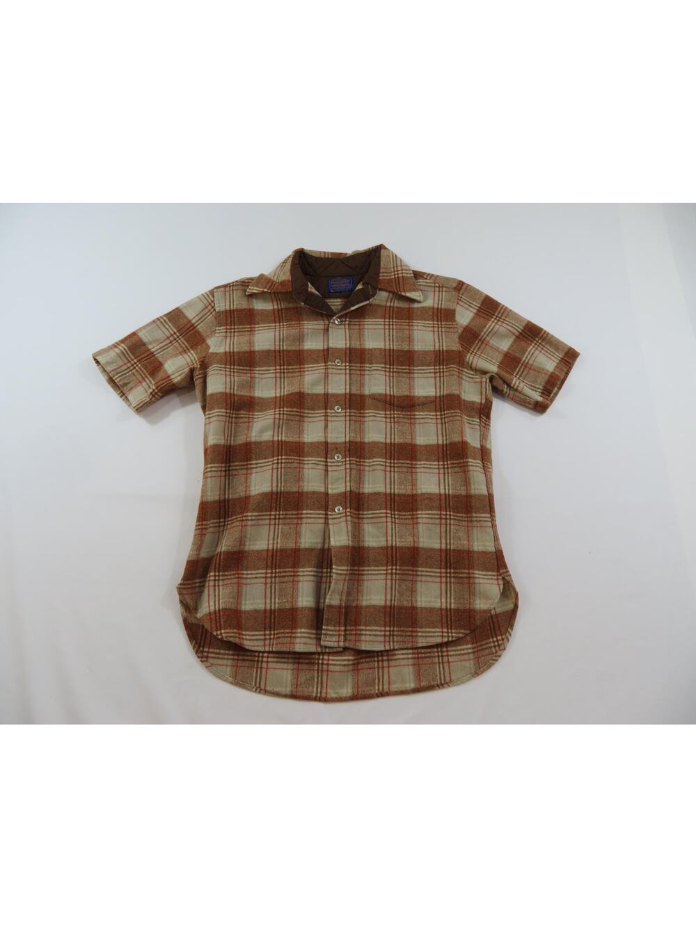 Pendleton Wool Flannel Shirt Brown Rust Beige Plaid Short Sleeve Sz L 1970s